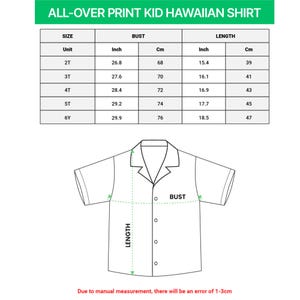 May include: Diagram of an all-over print kid's Hawaiian shirt with bust and length measurements in inches and centimeters. Sizes range from 2T to 6Y. The shirt has a collar and button-down front.