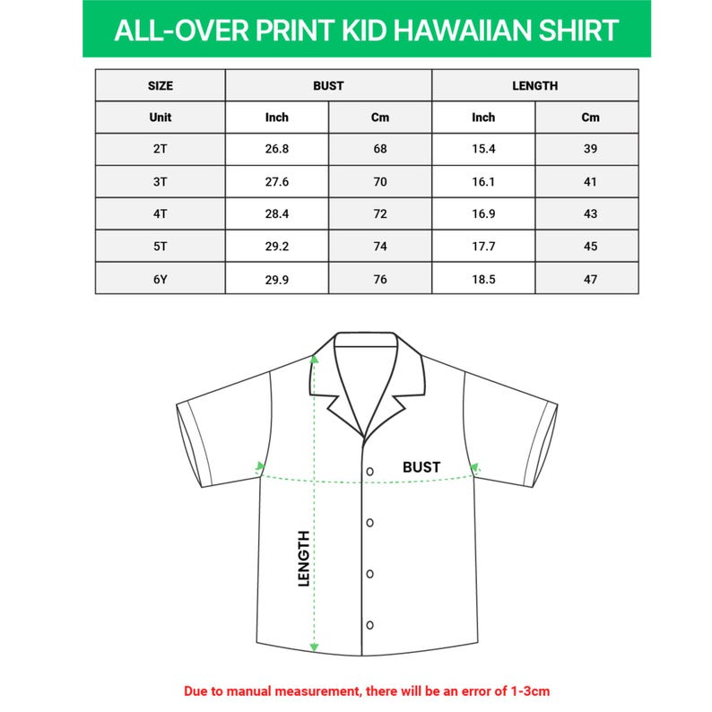 May include: Diagram of an all-over print kid's Hawaiian shirt with bust and length measurements in inches and centimeters. Sizes range from 2T to 6Y. The shirt has a collar and button-down front.