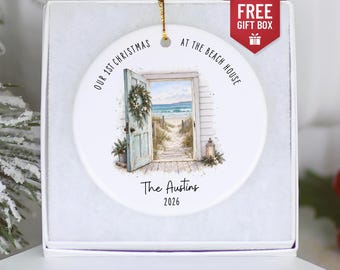 Personalized Beach House Ornament – First Christmas with Family Name and Year