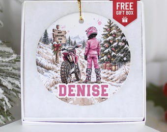Personalized Dirt Bike Girl Christmas Ornament with Name – Pink Motocross Keepsake