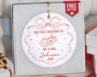 Our First Christmas as Mr & Mrs Ornament, Personalized Newlywed Ceramic Christmas Ornament, Wedding Gift for Couple