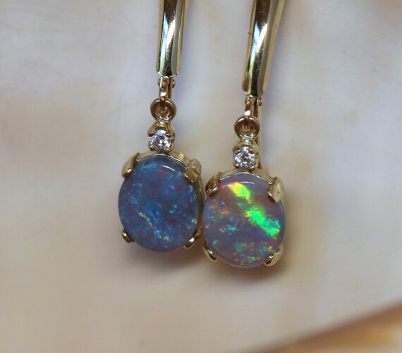 14K Australian Black Opal Earrings Genuine Semi Black Opal Etsy
