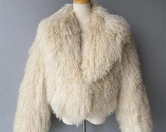 Manteau de luxe en fourrure d'agneau de Mongolie - Veste tendance hiver crème - Crème claire