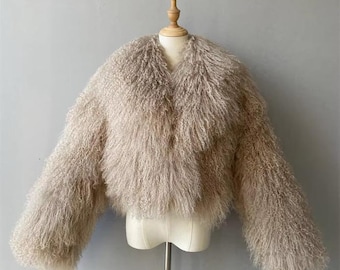 Mongolian Lamb Fur Coat: Women's Fluffy Winter Jacket - Beige
