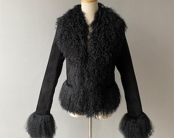 Manteau Penny Lane vintage des années 1970 - Manteau afghan pour femme avec bordure en fourrure de Mongolie, style bohème - Noir