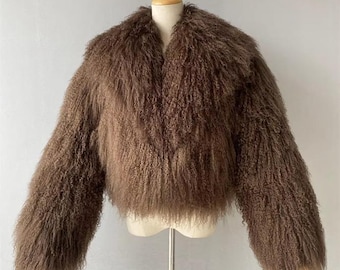Mongolian Lamb Fur Coat: Women's Fluffy Curly Wool Jacket - Brown