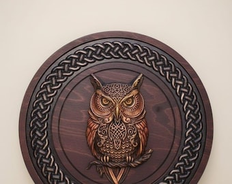 Escudo de búho hecho a mano / Arte de pared medieval de madera, 24 pulgadas
