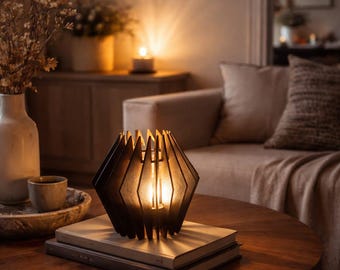 Lámpara de mesa geométrica de madera / Lámpara de noche moderna