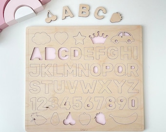 Tablero de rompecabezas de madera con números y letras, juguete educativo Montessori