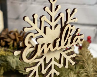 Personalized Wooden Snowflake Ornament, Custom Name Bauble