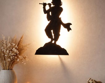 Arte de pared LED con silueta de flauta de Krishna / Decoración moderna de mandir