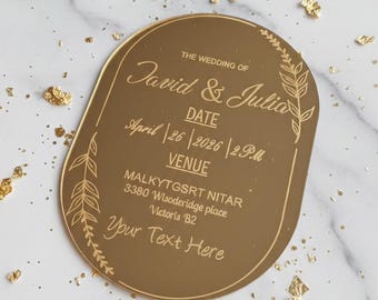 Imán para guardar la fecha con espejo dorado arqueado, invitación de boda acrílica grabada con láser (15 x 10 cm)