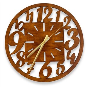 May include: A circular wooden wall clock with a dark brown finish. The clock has cut-out numbers and a square centre. The clock hands are gold-coloured. A decorative home decor item.