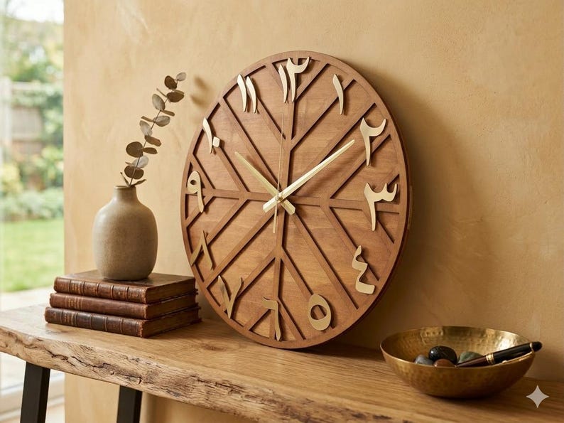 K&ouml;nnte beinhalten: Eine runde Wanduhr aus Holz mit arabischen Ziffern in einem geometrischen Design. Die Uhr hat goldfarbene Zeiger und Ziffern. Sie wird auf einem Holztisch mit einer Vase, B&uuml;chern und einer dekorativen Schale ausgestellt.