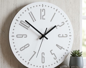 Minimalistische Wanduhr mit Gravur | Art Deco Zahlen, Stille Bewegung, Skandinavisches Dekor