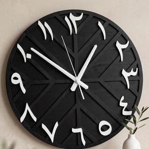 K&ouml;nnte beinhalten: Eine runde, schwarze Wanduhr mit wei&szlig;en arabischen Ziffern und Zeigern. Das Zifferblatt hat ein geometrisches Design. Die Uhr ist ein dekorativer Artikel f&uuml;r die Inneneinrichtung.