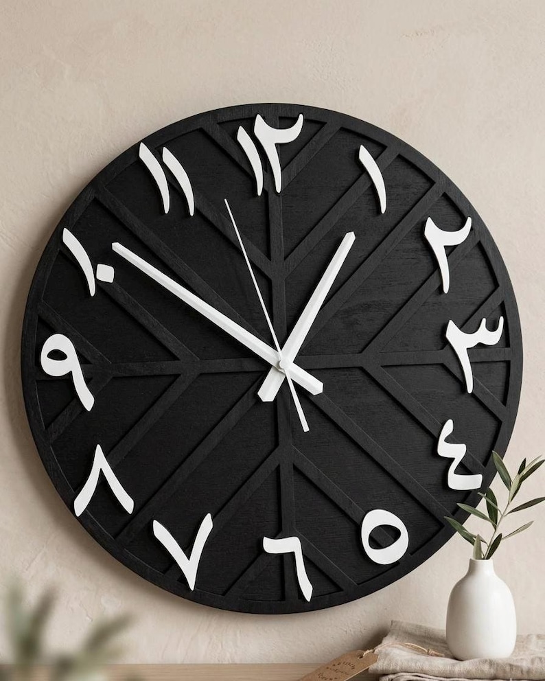 K&ouml;nnte beinhalten: Eine runde, schwarze Wanduhr mit wei&szlig;en arabischen Ziffern und Zeigern. Das Zifferblatt hat ein geometrisches Design. Die Uhr ist ein dekorativer Artikel f&uuml;r die Inneneinrichtung.