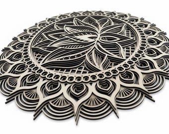 Wandbild aus Holz mit Lotus-Mandala-Motiv: Lasergeschnittene Boho-Dekoration