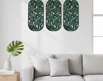 3er Set Monstera Blatt Holzwandkunst | Tropischer botanischer Boho-Dekor