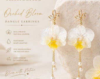 Real Orchid Earrings, Statement Flower Earrings, Handmade Botanical Jewelry, 14K Gold Plated, S925 Posts