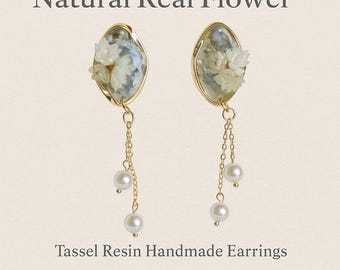 Handmade Resin Earrings | Real Flower Tassel, Gold Frame Pearl Stud
