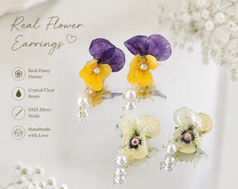 Pansy Pearl Drops - Real Flower Stud dangle Earrings s925 silver