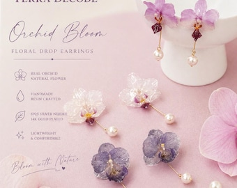Real Orchid Flower Earrings – 14K Gold Plated Dangle with Pearl Drop