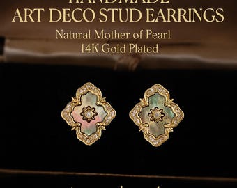 Handmade Mother of Pearl Earrings: 14K Gold Plated Art Deco Studs