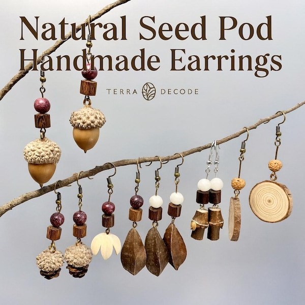 Pendientes de bellota hechos a mano con semillas de vainas: joyería botánica natural