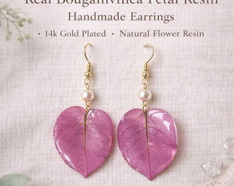 Real Bougainvillea Petal Resin Earrings | Handmade Floral Earrings | 14k Gold Plated | Nature Inspired Jewelry