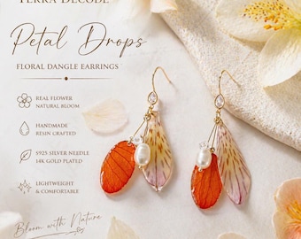 Real Flower daffodil lily Petal Dangle Earrings – Resin, Pearls, S925 Silver, 14K Gold Plated