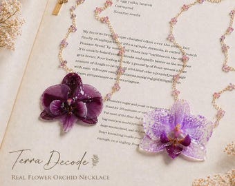 Real Orchid Resin Necklace, Pressed Flower Botanical Pendant, Terra Decode Handmade Jewelry