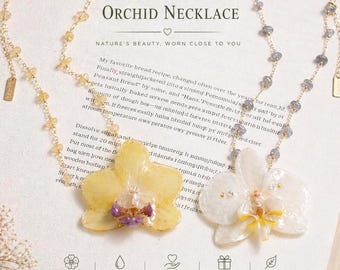 Real Orchid Resin Necklace, Pressed Flower Botanical Pendant, Terra Decode Handmade Jewelry