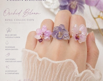 Real Orchid Flower Ring, Handmade Resin Jewelry, Adjustable Ring, Preserved Phalaenopsis