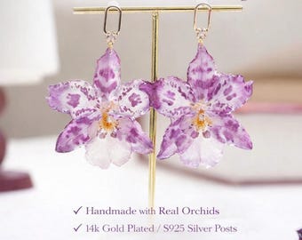 Real Orchid Flower Earrings – 14K Gold Plated Dangle with silver post