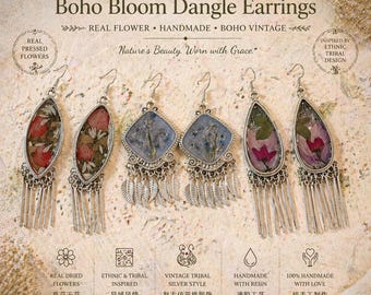 Handmade Boho Dangle Earrings with Real Dried Flowers, Ethnic Tribal Style