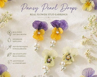 Pansy Pearl Drops - Real Flower Stud dangle Earrings s925 silver