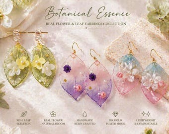 Real Flower Leaf Resin Earrings – 18K Gold Plated Hook, Botanical Handmade Jewelry