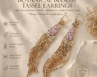 Handcrafted Boho Vintage Floral Tassel Earrings | Real Dried Flowers & Resin Jewelry | Unique Handmade Accessories
