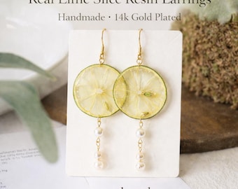 Real Lime Slice Resin Earrings | Handmade Fruit Jewelry | 14k Gold Plated Earrings