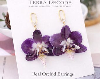Real Orchid Flower Earrings – 14K Gold Plated Dangle with silver post