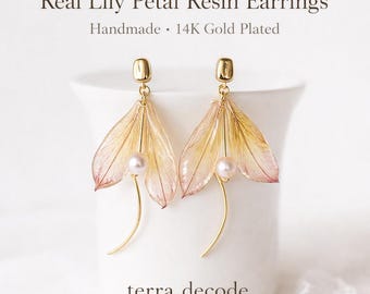 Real Lily Petal Resin Earrings, Handmade Floral Earrings, 14K Gold Plated, Natural Flower Jewelry