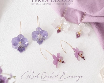 Real Orchid Flower Earrings – 14K Gold Plated Dangle with silver post