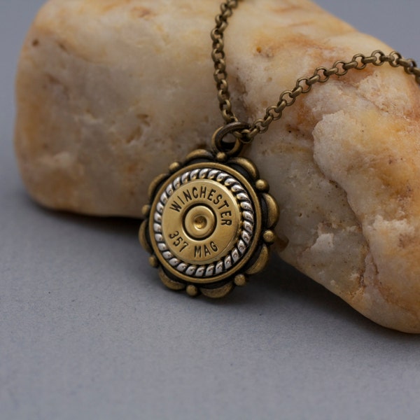 Bullet Jewelry Necklace-Winchester 357 Magnum Bullet Necklace-357 Bullet Jewelry- Mixed Metals-Drop Pendant-Spent Casings- Ammo Necklace