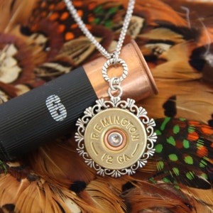 Remington 12 Gauge Shotgun Necklace-Remington 12 Gauge Pendant-12 Gauge Shotgun Accessories-12 Gauge Charm Necklace-Mixed Metal Ammo image 1