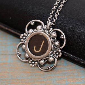Choice Typewriter Key Necklace-Letter-Typewriter Key Jewelry-Black Typewrite J Accessory-Vintage Black Glass Top Letter-Typewriter Pendant