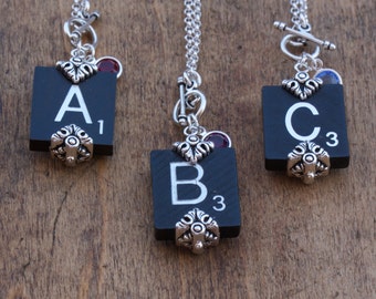 Choice Scrabble Letter Necklace-Choice A B C D E F G H I L N O P Q R S T U V W X Y Z-Black Scrabble Necklace-Birthstone Swarovski Element