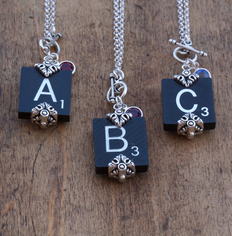 Choice Scrabble Letter Necklace-Choice A B C D E F G H I L N O P Q R S T U V W X Y Z-Black Scrabble Necklace-Birthstone Swarovski Element image 1