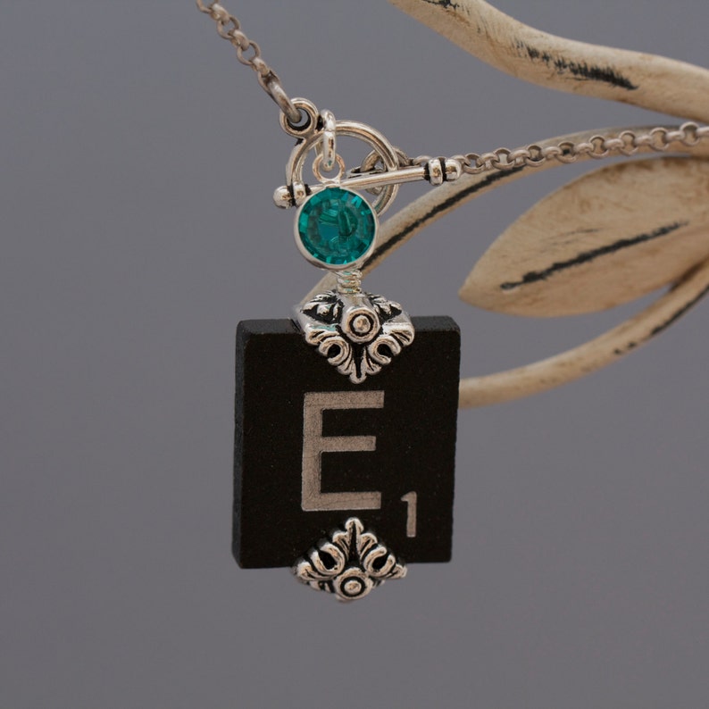 Choice Scrabble Letter Necklace-Choice A B C D E F G H I L N O P Q R S T U V W X Y Z-Black Scrabble Necklace-Birthstone Swarovski Element image 2