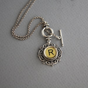 Typewriter Key Necklace-White Letter R- Letter Initial &quot;R&quot;-Toggle Closure